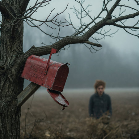 Mailbox in a tree, in the fog, with a man in the backgroundの素材