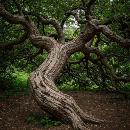 A bizarrely curved tree in the forestの素材