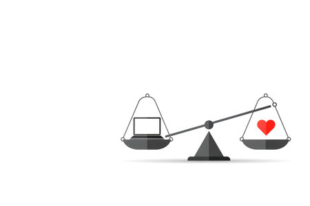 Work-life balance, a scale with a laptop and a heart. Space for textの素材