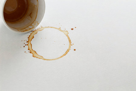 A trace of a coffee cup on a white background next to the cup. Space for textの素材