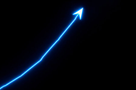 A glowing arrow pointing up on a black background. Space for textの素材