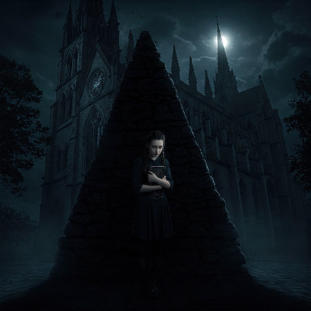 Girl in black with a book against the background of a Gothic cathedralの素材