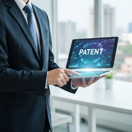 A man with a tablet and the inscription PATENT on the screenの素材