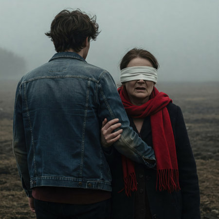 A woman with a blindfold and a man next to her in the fogの素材