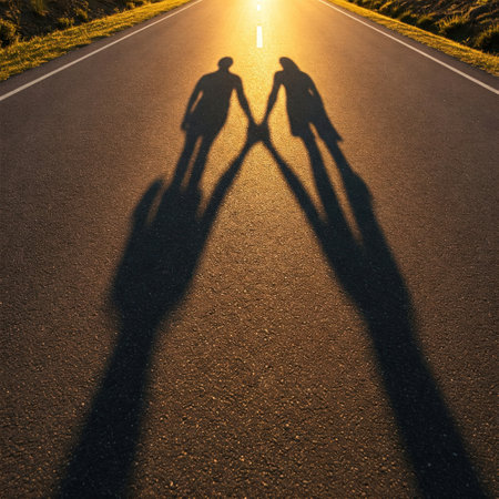 Long shadows from a couple in love on a sunset roadの素材