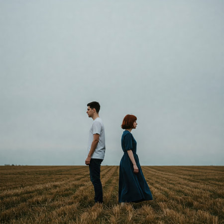 A man and a woman stand with their backs to each other on the fieldの素材