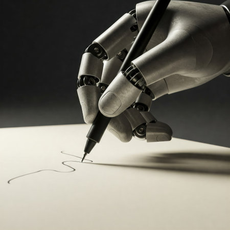 The robotic arm draws on paper with a black penの素材