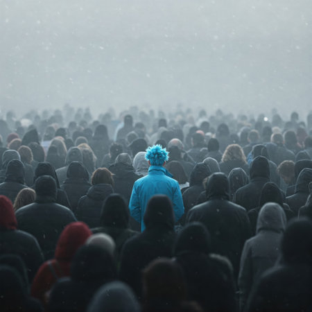 A lonely man in bright clothes among a glowy crowdの素材