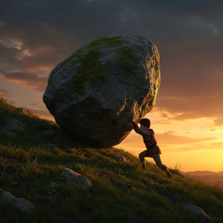 A boy pushes a boulder up a slope at sunsetの素材