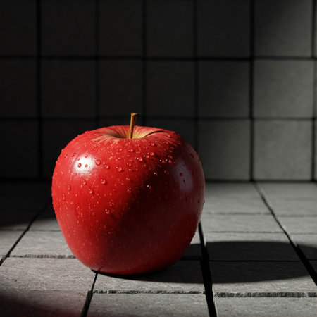 A red apple with drops of water on the tileの素材
