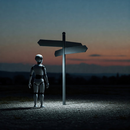 Robot at a road sign at sunsetの素材