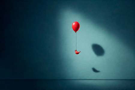 A bird suspended on a balloon in the air. Space for textの素材