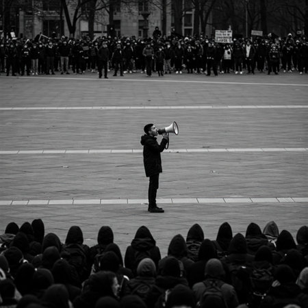 A man with a megaphone in front of a protesting crowdの素材