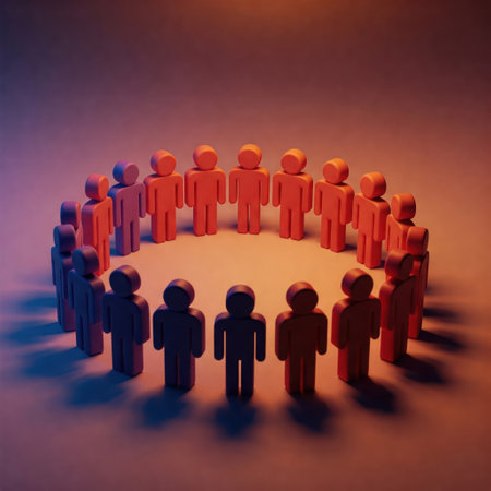 A circle of red figures of people under the lightの素材