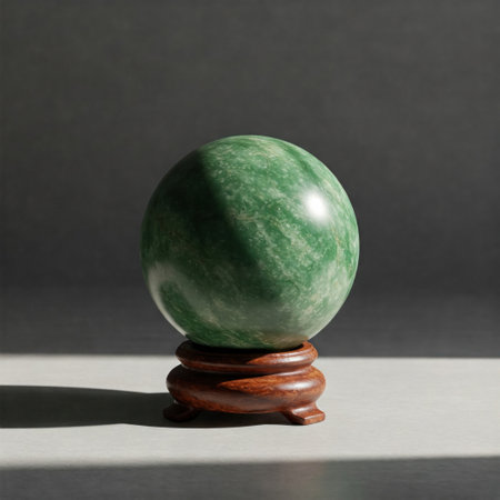 A green marble ball on a wooden standの素材