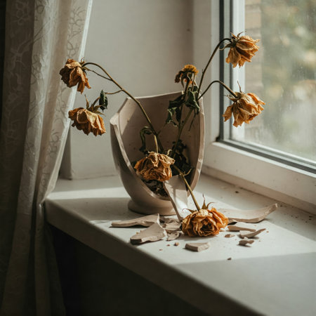Dried flowers in a broken vase by the windowの素材