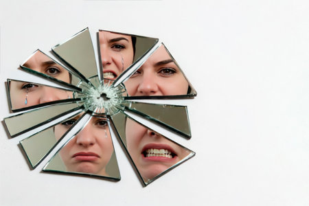 A broken mirror with the emotions of a woman on the shards. Space for textの素材