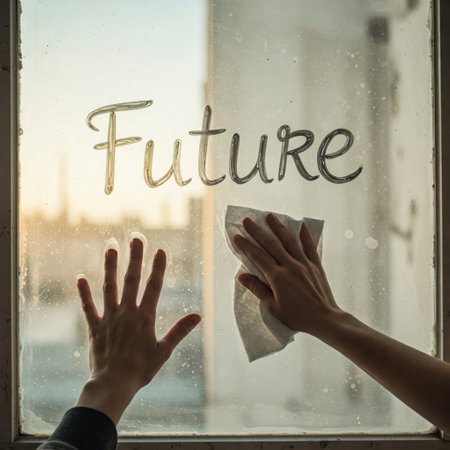 The inscription Future on a dusty window and hands wiping the glassの素材