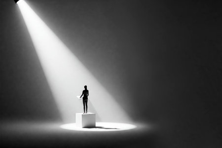 A man alone under the bright light of a spotlight. Space for textの素材