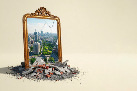 A broken mirror reflects an ideal cityscape. Space for textの素材