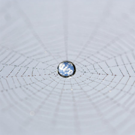 A drop of water with the reflection of the sky in a spider's webの素材