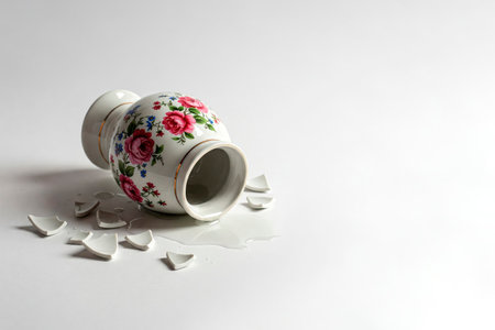 Fallen and broken porcelain vase with floral ornaments. Space for textの素材