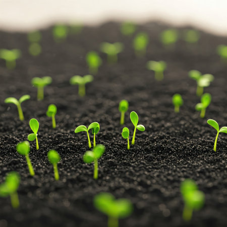 Young green sprouts on black fertile soilの素材