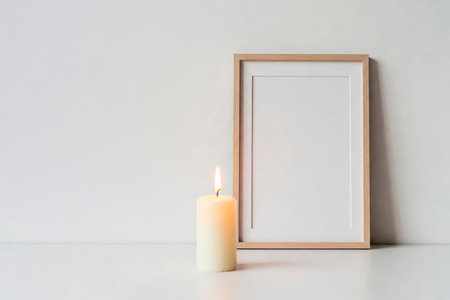 A white candle in front of an empty frame against a gray wall. Space for textの素材