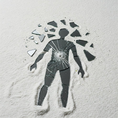 A human silhouette from a broken mirror on white sandの素材