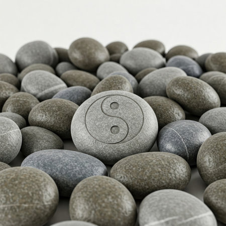 A stone engraved with a yin-yang symbol among other stonesの素材