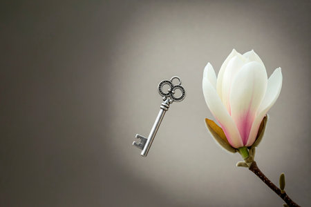 Key and magnolia flower in the background. Space for textの素材