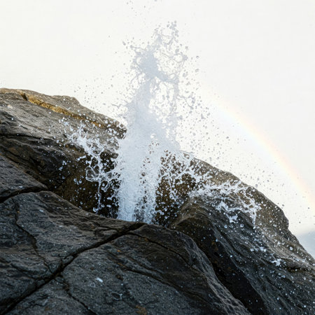 A fountain of water gushes out of a crack in the rock with a rainbowの素材