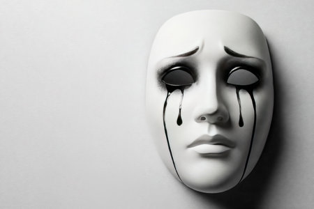 A white theatrical mask with black tears in her eyes. Space for textの素材