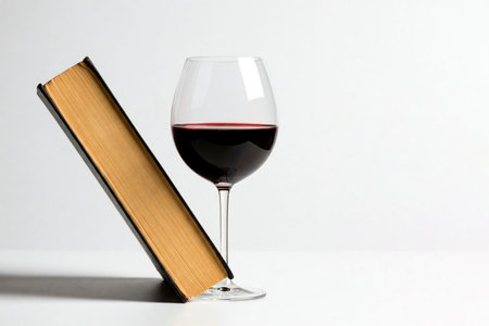 A book and a glass of red wine on a light background. Space for textの素材
