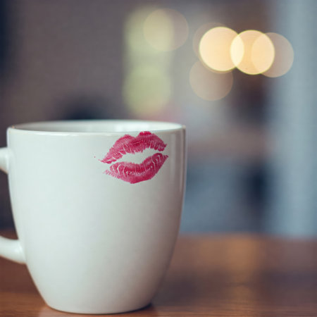 Lipstick imprint on a white mug. Space for textの素材