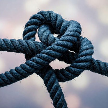 A complex knot of rough rope close-upの素材