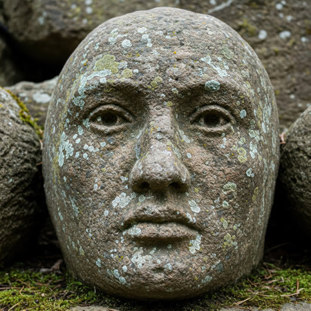 A stone face with moss and lichen among the bouldersの素材