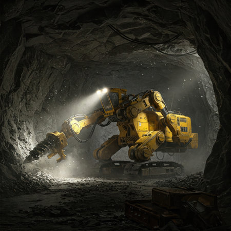 A yellow mine robot drills into a stone wall in a tunnelの素材