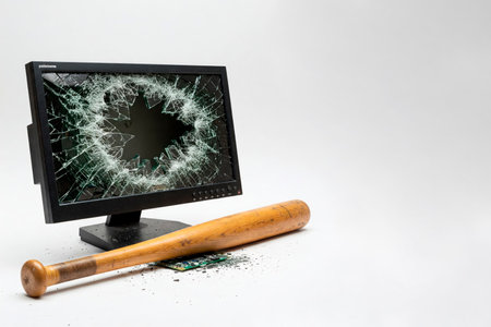 A broken monitor and a baseball bat on the floor. Space for textの素材
