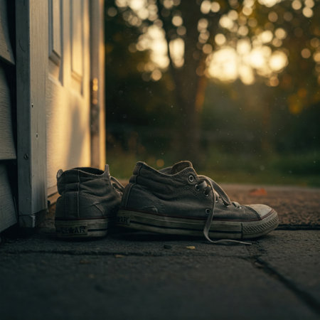 Worn sneakers by the door at sunsetの素材