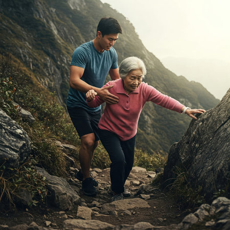 A young man helps an elderly woman climb a mountainの素材