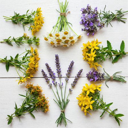 Multi-colored bunches of herbs on a light background. Space for textの素材