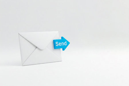 Envelope with a send button on a white background. Space for textの素材