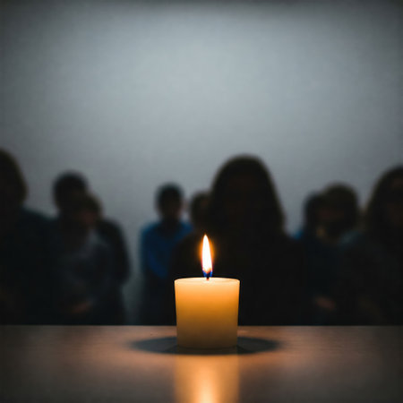A lit candle in front of the silhouettes of people in the darkの素材