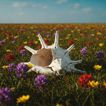 A large seashell in a field of colorful flowersの素材
