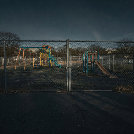 An abandoned playground behind a metal fenceの素材