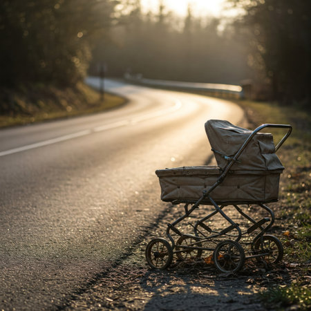 An abandoned baby stroller on a deserted roadの素材