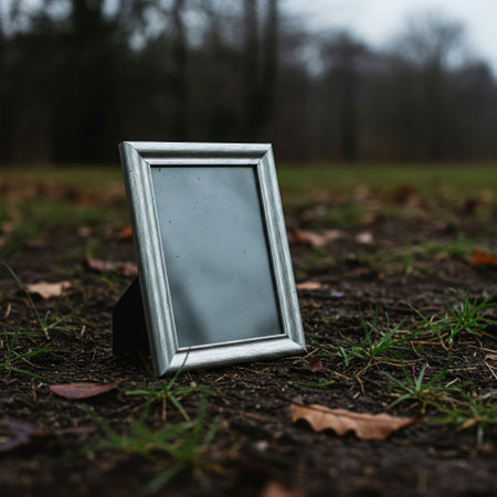 An empty photo frame standing on the ground in the forestの素材