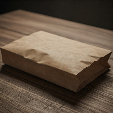 Closed paper bag on a wooden tableの素材