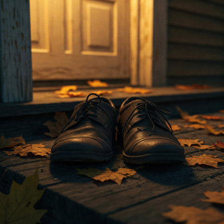 Men's shoes on the autumn porch in the eveningの素材